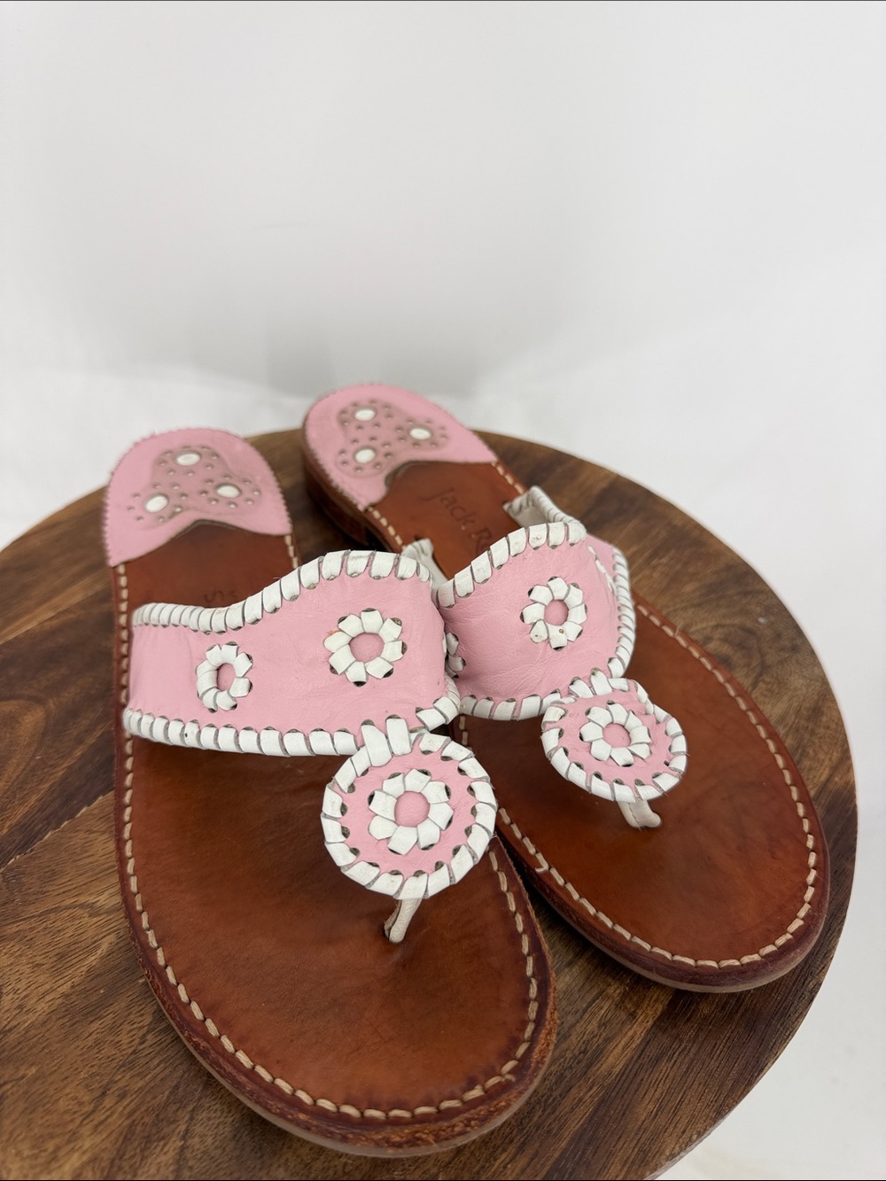 Jack Rogers Pink White Leather Navajo Flat Sandals Size 9 Preppy Resort